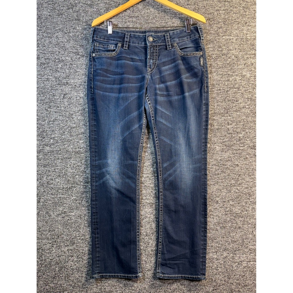 Silver Jeans Co Suki Mid Rise Straight Leg Jeans Dark Wash 33x30 Contrast Stitch